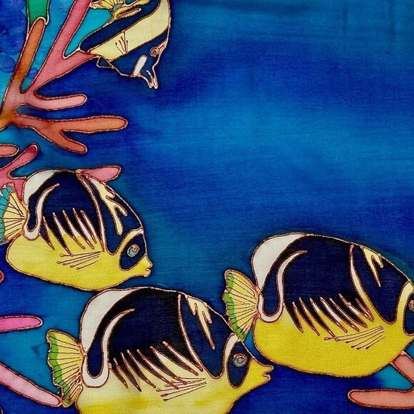 Silk chiffon Lee Caldwell tropical ocean fish hand painted scarf 29” square - Picture 5 of 14